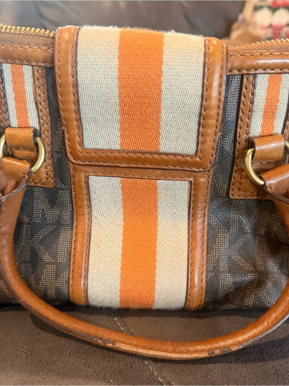 Michael Kors Orange and Cream Stripe Canvas Satchel with Brown Leather Trim